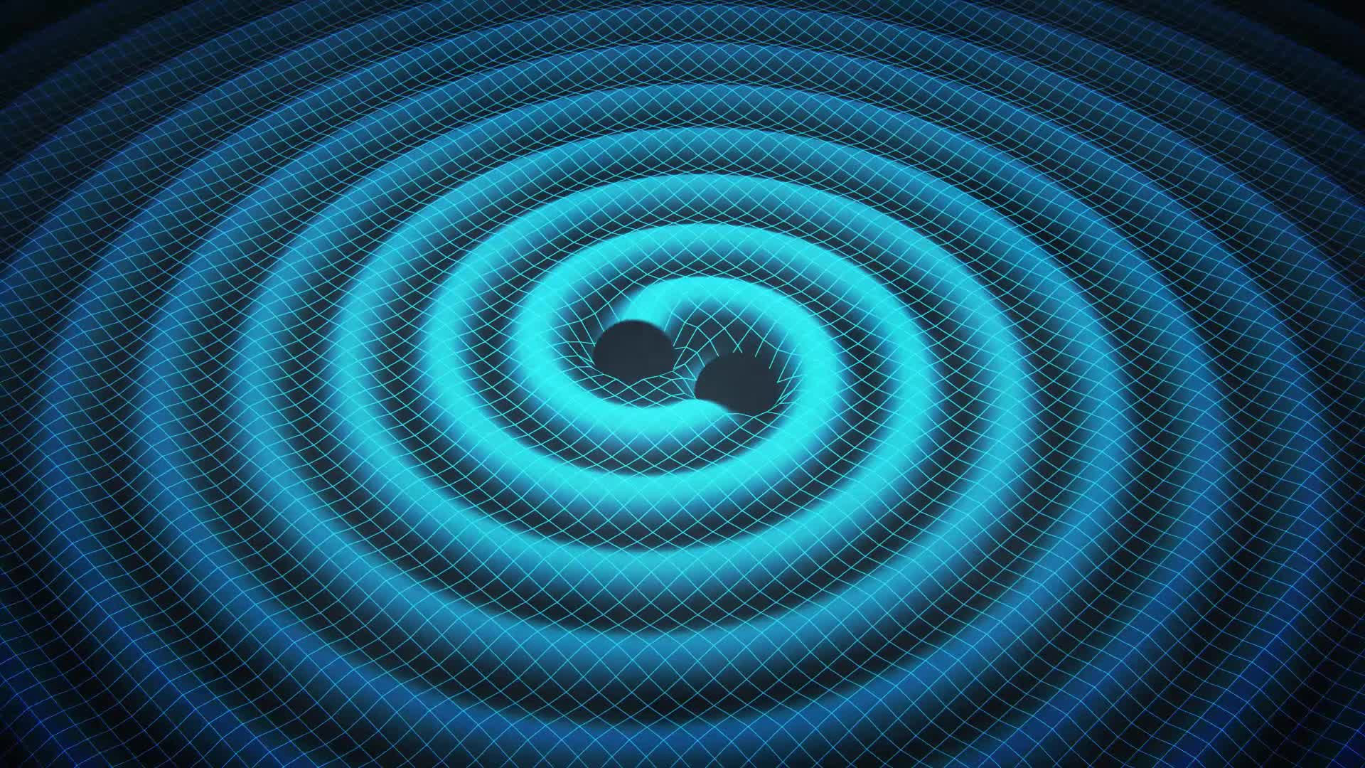 Illustration of two black holes spiralling together, producing ripples of gravitational waves.
