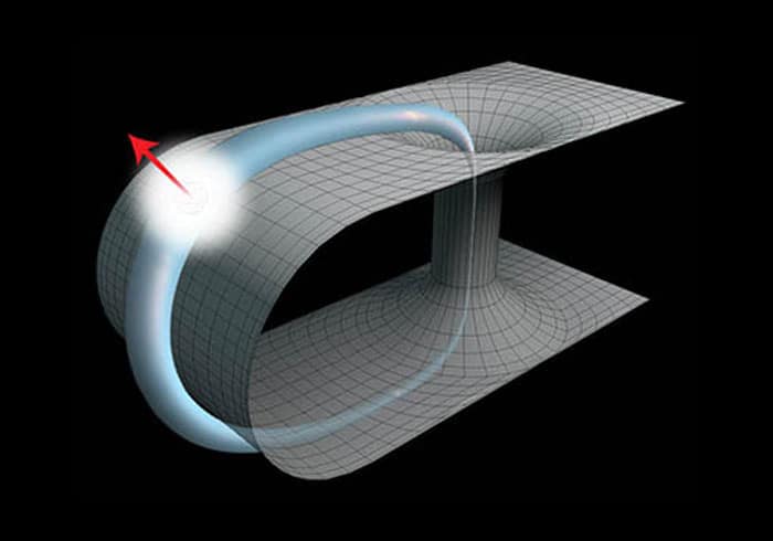 Artist's impression of a wormhole, showing spacetime folding into a tunnel-like structure.